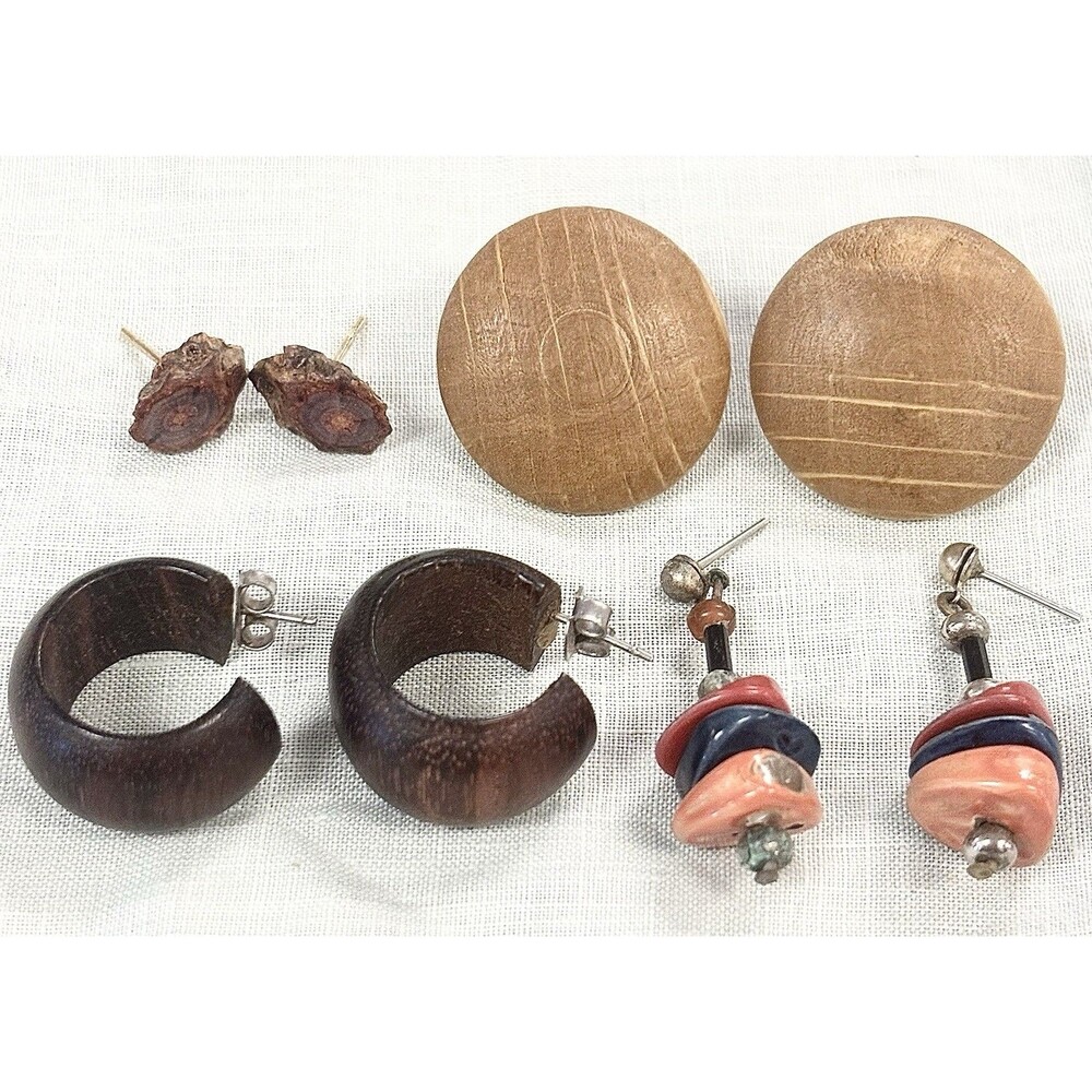 Vintage Beaded Boho Wood Earrings Lot Hoop, Stud,  Retro Jewelry Minimalist